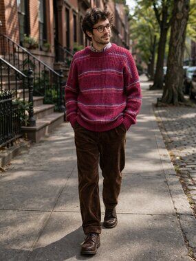 Arrow Criterion Men's Sweater XL Vintage Maroon Striped Knit Pullover Wool